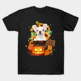 White Frech Bulldog Halloween Pumpkin Fall Bucket T-Shirt